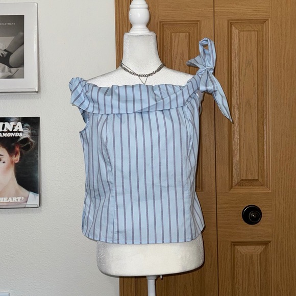 Francesca's Tops - Francesca's Blue Striped Off Shoulder Bow Top Cotton Blouse Large Coastal Wear